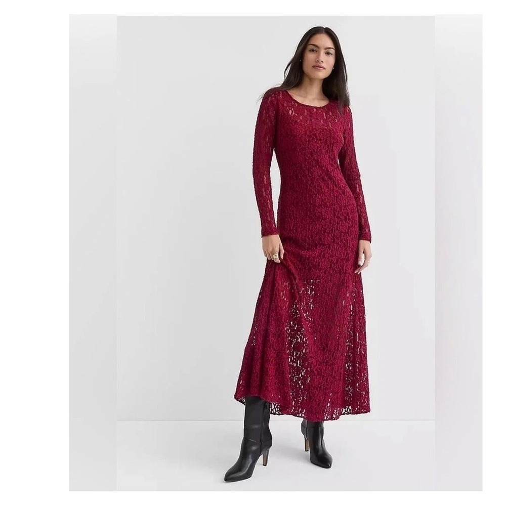 Loft NEW Long Sleeve Delicate Floral Lace Scoop Neck Maxi Dress XS Wine Red